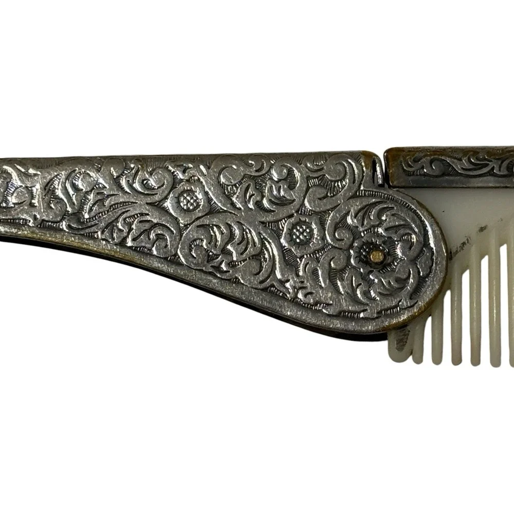 Vintage Silver Tone Mini Hand Mirror Folding Comb Set Floral Engraved Vanity